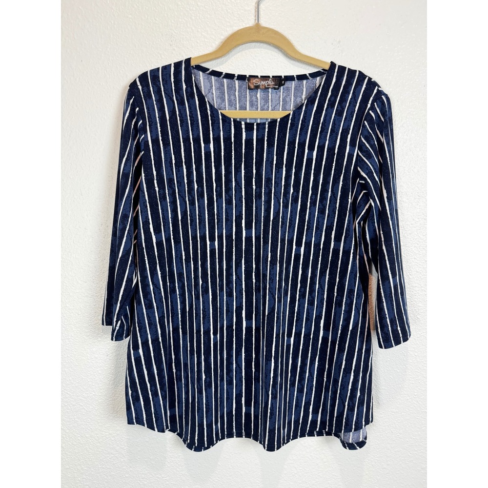 Sympli Top Womens 10 Blue White Striped 3/4 Sleeve Jersey Knit Side Slit Tunic